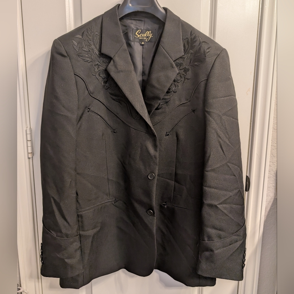 Scully Men's Black on Black Floral Embroidered Western Blazer/Jacket, Size 46